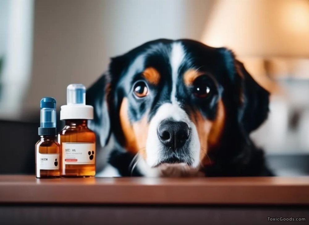 dog is sitting near a bottle of Flea and Tick pet care product